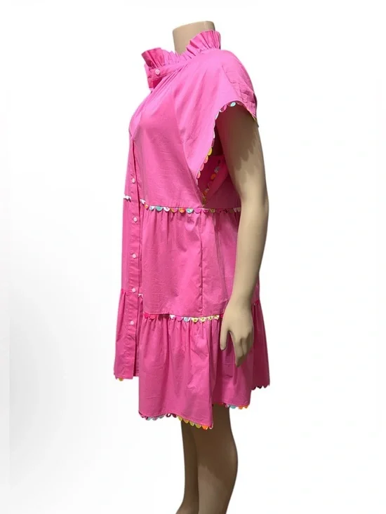 Crosby by Mollie Burch Sz S Whitley Dress Pink Bubblegum Tiered Ruffle Pom Trim - Picture 3 of 12